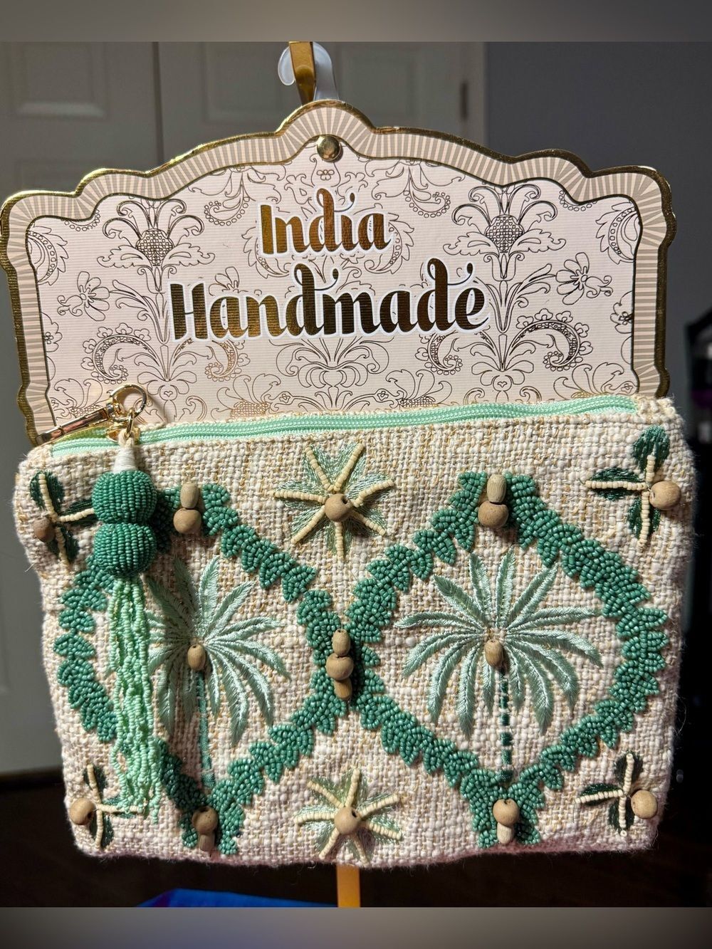 NWT India Handmade Green Beaded Palm Tree Zipper Pouch